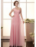 Pink Chiffon Beads One Shoulder Long Prom Dress